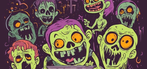 Happy Halloween Concept Zombies Greeting Card with Copy Space. Halloween Postcard with Zombies. Halloween Concept Poster with Copy Space. Halloween Party Invitation Card.