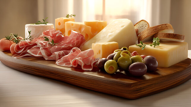 Gourmet cheese and charcuterie board with olives, tomatoes, and bread on a wooden surface