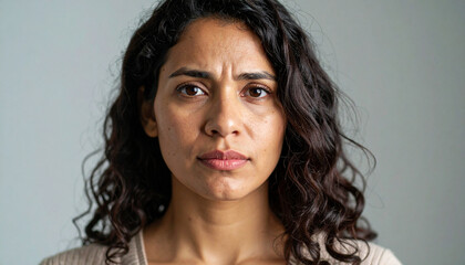 Portrait of a Woman with Intense Expression, Close-Up of a Thoughtful Woman with Dark Curly Hair and a Serious Gaze
