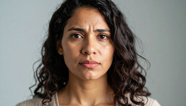 Portrait of a Woman with Intense Expression, Close-Up of a Thoughtful Woman with Dark Curly Hair and a Serious Gaze