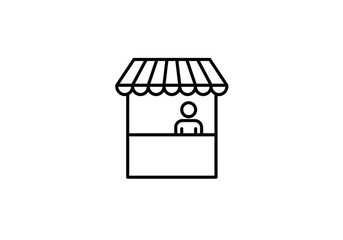 Market Stall Icon with Shopkeeper | Small Business Storefront Symbol | Vendor Booth Outline | Street Market, Retail Shop, Local Commerce Vector