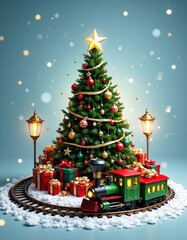 Decorated Christmas tree with gifts and toy train on snowy base
