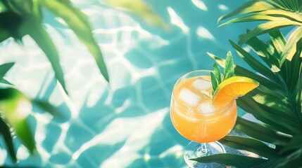 Refreshing orange cocktail garnished with mint and a slice of orange, placed beside lush green leaves, with a shimmering pool in the background, evoking a tropical paradise atmosphere