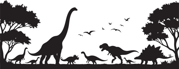Dinosaur silhouettes in a prehistoric landscape with trees and birds, dinosaur, prehistoric, silhouette, landscape, trees, birds, flying, tyrannosaurus rex, brontosaurus, triceratops, stegosaurus, pte © RabiaAktar