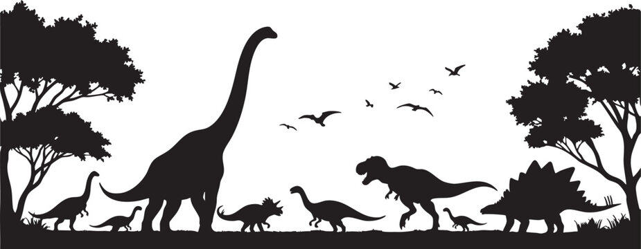 Dinosaur silhouettes in a prehistoric landscape with trees and birds, dinosaur, prehistoric, silhouette, landscape, trees, birds, flying, tyrannosaurus rex, brontosaurus, triceratops, stegosaurus, pte