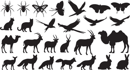 Diverse collection of animal silhouettes including insects mammals and birds, animal, animals, silhouette, vector, nature, wildlife, collection, set, isolated, black, icon, graphic, fauna, design, sha