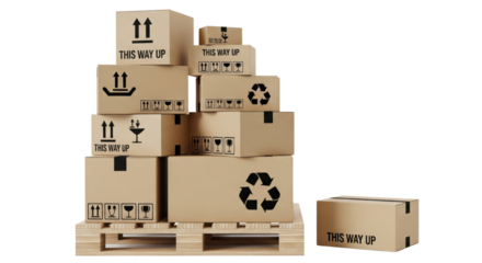 Logistics and Shipping: A neatly stacked assortment of cardboard boxes, adorned with shipping labels and eco-conscious symbols, rests atop a wooden pallet.