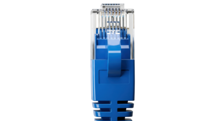 Ethernet Connector: Close-up of a blue Ethernet connector, highlighting the intricate design and technological essence in a clean, modern aesthetic. 