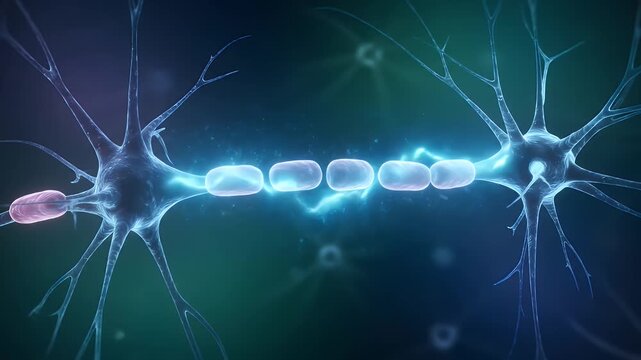 Neuron Firing: Visualizing Electrical Impulses in a Nerve Cell with Myelin Sheath and Synaptic Connections