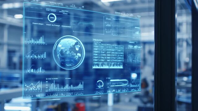 In a hightech factory setting, a male engineer engages with various digital data and advanced systems