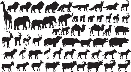 Extensive Collection of African Animal Silhouettes on White Background, animal, animals, silhouette, wildlife, africa, safari, zoo, nature, mammal, wild, herd, group, collection, set, illustration, gr