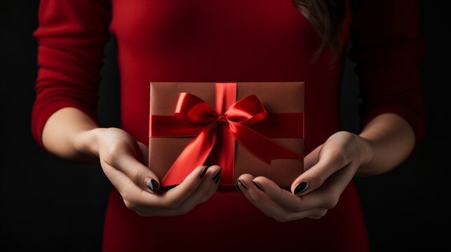 Woman in red dress holds a beautifully wrapped gift box with a red ribbon, showcasing excitement and anticipation in a dark, elegant setting for festive celebrations