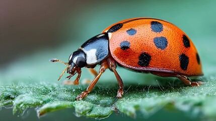 Fototapeta premium A ladybug with orange and black spots on a green leaf, with a blurred green background.
