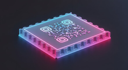 A retro-futuristic postage stamp design with a scannable QR code symbolizing digital connection in a vibrant neon cyberpunk metropolis at night