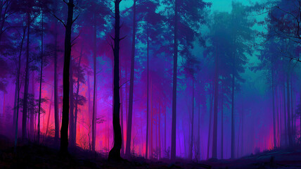 Enchanting forest landscape with vibrant colors at twilight, showcasing fantasy elements