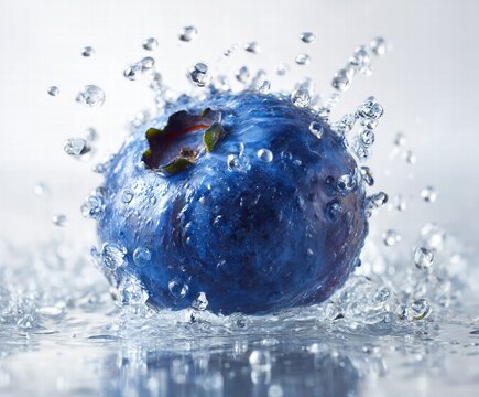Blueberry Splash Freeze Frame with Silver Bubble Halo, Studio Lighting on White Background for Superfood Packaging, Antioxidant Beverage Ads or Skincare Concept Design