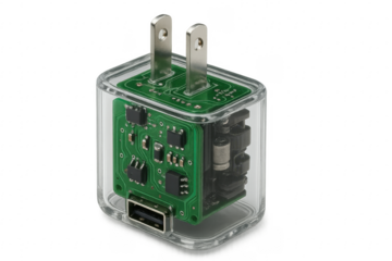 Transparent phone charger revealing its internal components on transparent background