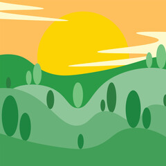 Abstract minimalist landscape illustration featuring green rolling hills and oval trees under a warm yellow sun and orange sky tranquil nature vector art flat design
