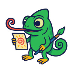 Naklejka premium A green lizard is holding a piece of paper and a paintbrush. The lizard is smiling and he is enjoying the act of painting