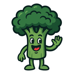 Fototapeta premium A cartoon broccoli is waving at the camera. The broccoli is smiling and has a happy expression. The image is bright and cheerful