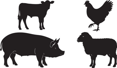 Silhouettes of farm animals livestock calf, farm, animals, livestock, cow, calf, chicken, hen, pig, hog, sheep, lamb, silhouette, black, white, background, illustration, graphic, design, vector, mamma