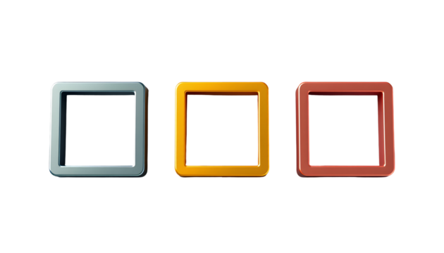 Three 3D square frames with rounded corners in blue, yellow, and red