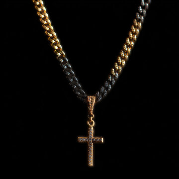 Gold Cross Necklace Jewelry Black Chain Pendant Fashion Accessories Christian Faith Trendy Metallic Braided Unisex Gift Bling Luxury Details Holiday Unique Urban Men's Women's Style Classic Glamour