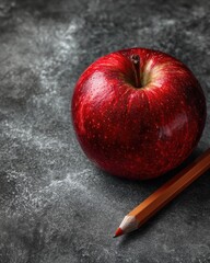 Fresh red apple next to a colored pencil on a dark surface.