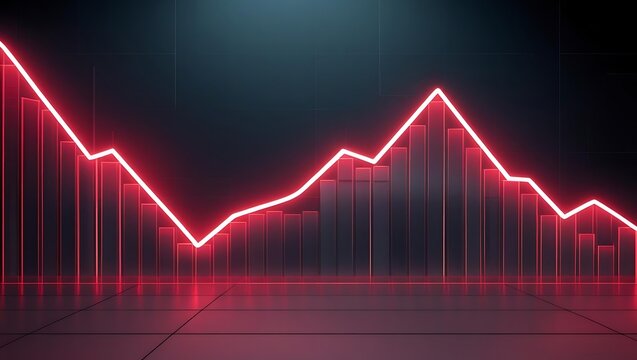 Futuristic glowing data visualization graph with neon light bars and line chart on dark background