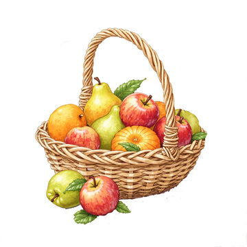 basket with apples kiwi style on white png vlack background 