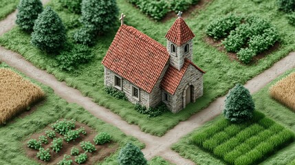 Beautiful small church in a vibrant rural landscape with fields and pathways
