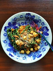 colourful pasta with tofu, vegan meal