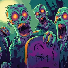 Happy Halloween Concept Zombies Greeting Card with Copy Space. Halloween Postcard with Zombies. Halloween Concept Poster with Copy Space. Halloween Party Invitation Card.