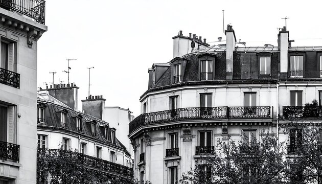 Fototapeta Black and white photo of Parisian apartment buildings, showing architectural details and rooftops