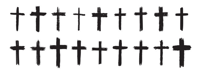 Fototapeta premium hand drawn grunge cross black bold icons set. Christian cross signs collection, cross symbols created with real ink brush isolated on white background.