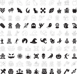Halloween Icon Set in Black. Ghost, Skull, Bat, Dark, pumpkin, hat, spider, cat, mast, pot, crow, hand