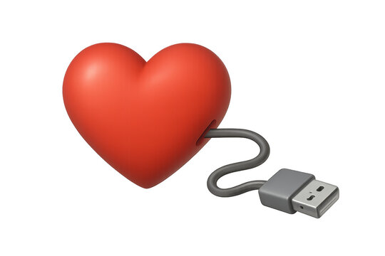 Red 3d heart with usb cable charging or connecting on transparent background