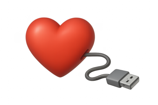 Red 3d heart with usb cable charging or connecting on transparent background