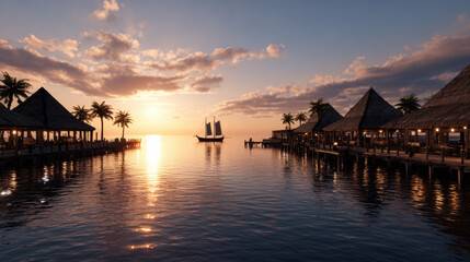 Obraz premium Serene sunset over tranquil bay showcases sailboat gliding across water, surrounded by palm trees and traditional huts. warm colors of sky reflect beautifully calm surface, creating peaceful