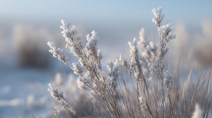Fototapeta premium Frosty Grass Under Soft Blue Sky with Gentle Winter Light