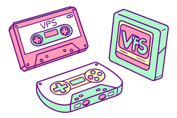 Retro cassette tapes and video cartridge with pastel colors