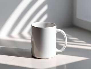 Obraz premium Clean, white ceramic mug sits on smooth surface, illuminated by soft sunlight casting gentle shadows. minimalist design highlights its simplicity and elegance, making it perfect for any setting