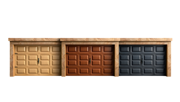 Three Garage Doors Wooden Brown and Black with Stone Trim