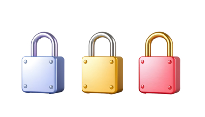 Three colorful 3D cartoon padlocks on transparent background