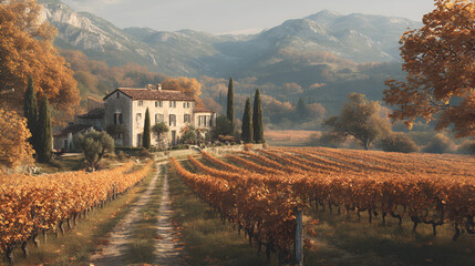 Picturesque countryside estate with vineyard and mountains, bathed in warm autumn colors.