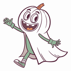 Obraz premium Vector art of a cute cartoon pumpkin character dressed as a ghost celebrates halloween in a fun and playful vector illustration