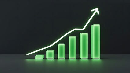 Futuristic glowing data visualization graph with neon light bars and line chart on dark background