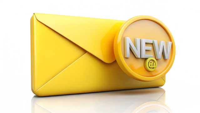Yellow envelope with a new message notification isolated on transparent background for email marketing and communication