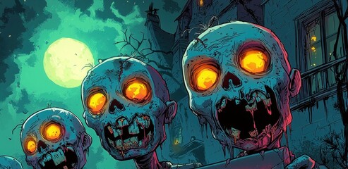 Happy Halloween Concept Zombies Greeting Card with Copy Space. Halloween Postcard with Zombies. Halloween Concept Poster with Copy Space. Halloween Party Invitation Card.