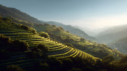 Terraced hillsides capture the golden light of dawn, showcasing nature's beauty and agricultural harmony.